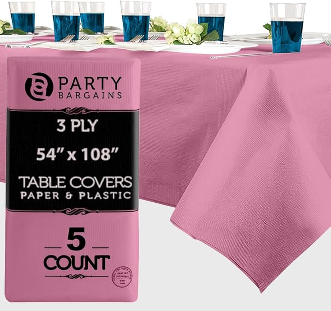 PARTY BARGAINS Disposable Table Covers, 54 x 108 Inch, Pink, 3-Ply Paper & Plastic Spill-Resistant Party Tablecloths, 5 Pack