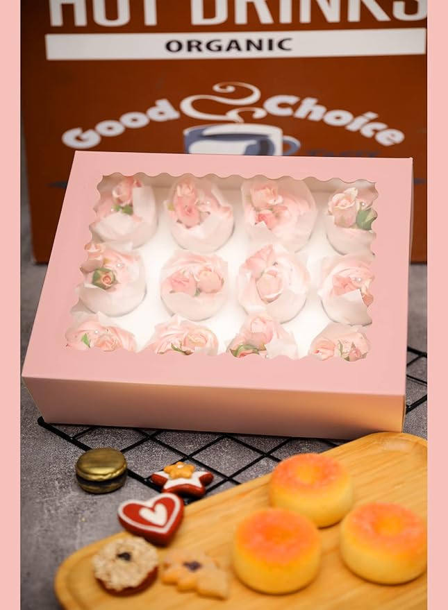 qiqee Pink 12 Cupcake Boxes with Window 16-Packs Cupcake Box 13"x10"x3.5" Cupcakes Carrier, 12 Cupcake Containers