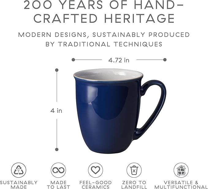Denby - Elements Dark Blue Large Coffee Mug Set of 4-11.15 Ounce Stoneware Tea Cup Mug Set For Office & Home - Dishwasher Safe, Microwave Safe - Ceramic Tea Cups With Blue White Glaze, Chip Resistant