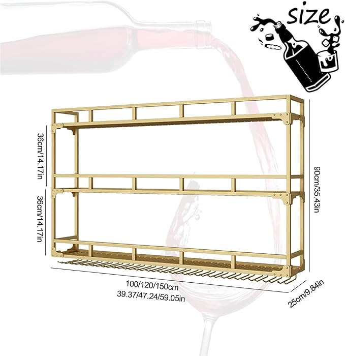 Wall Mounted Wine Rack, Floating Industrial Liquor Glass Holder 3 Tiers, Large Metal Wine Bottle Display Rack Hanging Shelf, for Home Bar Dining Room Decorative (Gold, 59.05x35.43x9.84in)