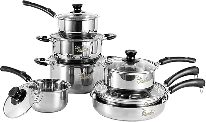 Chandler Stainless Steel Cookware Set, 13-piece Pots and Pans with Tempered Glass Lid - Cooking Set with Deep Pans, Saucepans & Pots Compatible for Family Meals (13-Pieces Stainless Steel)