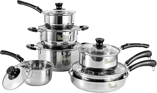 Chandler Stainless Steel Cookware Set, 13-piece Pots and Pans with Tempered Glass Lid - Cooking Set with Deep Pans, Saucepans & Pots Compatible for Family Meals (13-Pieces Stainless Steel)