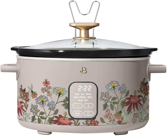 Beautiful 6 Quart Programmable Slow Cooker by Drew Barrymore ??Large Capacity, Ceramic Removable Pot, Tempered Glass Lid, Dishwasher Safe, Auto Keep Warm (Wildflower Porcini Taupe)