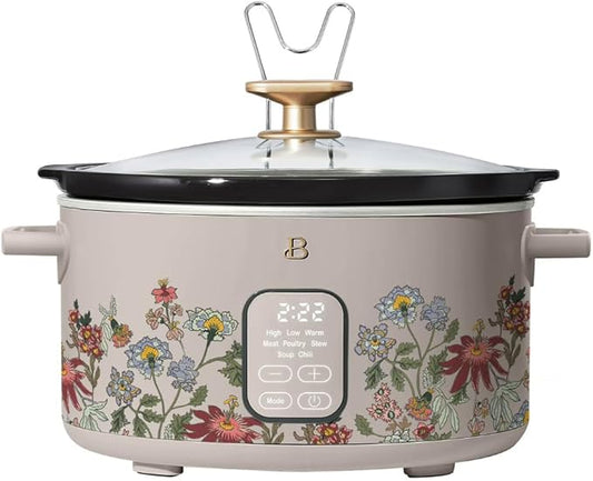 Beautiful 6 Quart Programmable Slow Cooker by Drew Barrymore ??Large Capacity, Ceramic Removable Pot, Tempered Glass Lid, Dishwasher Safe, Auto Keep Warm (Wildflower Porcini Taupe)