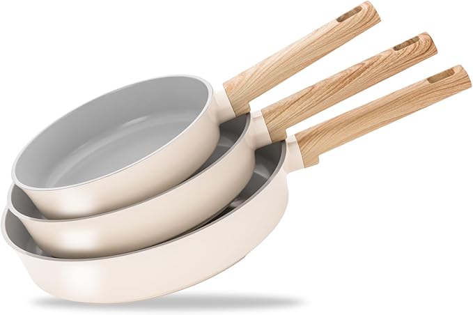 KOCH SYSTEME CS Non Stick Frying Pans Set 3 Piece, Nonstick Ceramic Frying Pans Heat-Resistant Handle, 8" 9.5" 11" Non Toxic Cooking Pan Set, Induction Compatible Skillet, Dishwasher Safe, Cream White