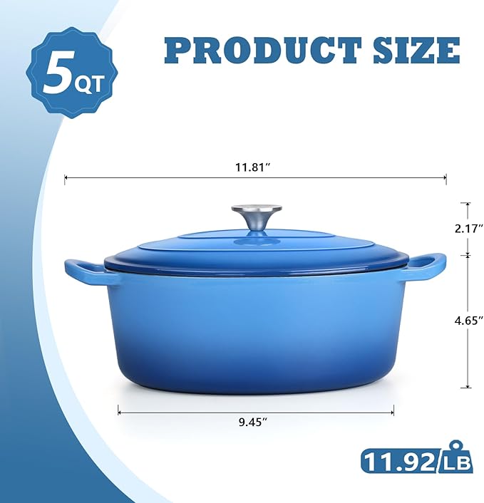 P&P CHEF Oval Dutch Oven with Lid, Enameled Cast Dutch Oven Pot for Bread Baking, Braising, Stewing, Roasting, Non-Stick & Oven Safe, Dual Handles & Easy Clean, 5QT & Blue