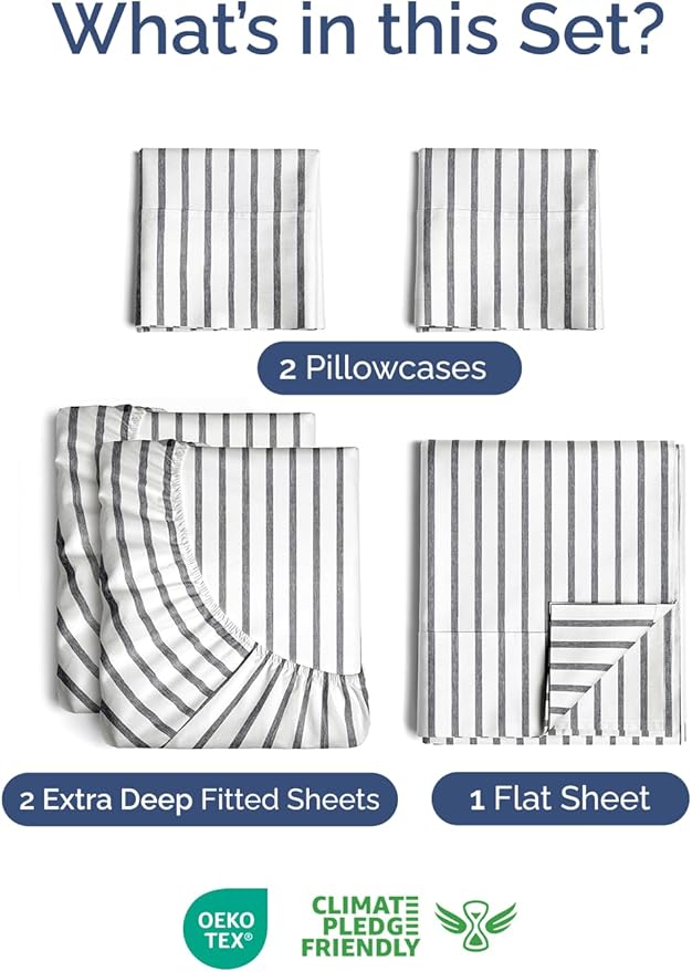 Extra Deep Pocket Split King Sheets - 5 Piece Breathable & Cooling Bed Sheets - Hotel Luxury Bed Sheet Set - Soft, Wrinkle Free & Comfy - Easily Fits Extra Deep Mattresses - Grey Striped Sheets Set