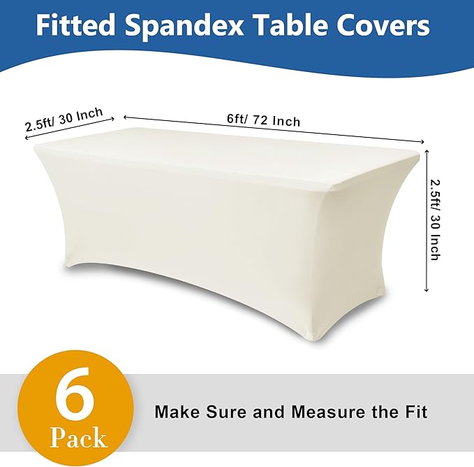 Enjoyidea Spandex Table Cloths for 6 Foot Rectangle Tables-6 Pack Fitted Stretch Cream Table Covers-Elastic Folding Tablecloths for Party, Vendor Booth Display, Banquet Buffet Event, Craft Trade Show
