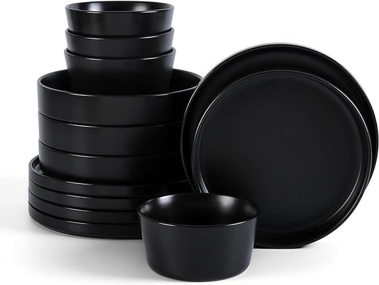 Stone Lain Celina Stoneware 12-Piece Dinnerware Set, Cereal and Pasta Bowls, Black, Coupe