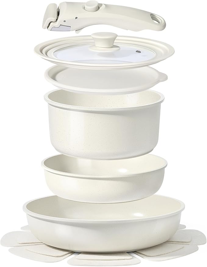 GiPP Ceramic Pots and Pans Set Non Stick, Nonstick Detachable Handle Cookware Sets, Healthy Non Toxic PFAS PFOA & PTFE Free, Dishwasher 竊냀ven Safe, Induction Kitchen Pot and Pan, 8 Piece Cream