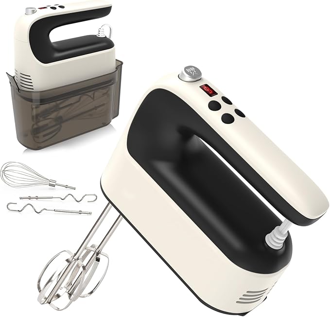 Yomelo 9-Speed Digital Hand Mixer Electric, 400W Powerful DC Motor, Hand Mixer Electric Handheld with Snap-On Storage Case, 5 Stainless Steel Accessories, Beaters, Dough Hooks, Whisk(Creamy/Black)