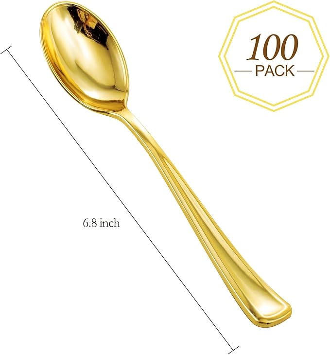 WDF 100 Pack Gold Plastic Spoons Disposable - Durable Heavy Duty 6.9 Inch Gold Spoons, Heat Resistant Modern Disposable Spoons Perfect for Parties, Wedding, Banquets, Valentine's Day