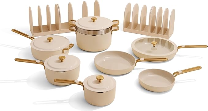 Our Place 17-Piece Essentials Complete Cookware Set - Ceramic Fry Pans, Saucepans, Saut챕 Pan, Stock Pot, Strainer Basket & Modular Storage | Thermakind??Nonstick, Oven Safe up to 450째F | Cream