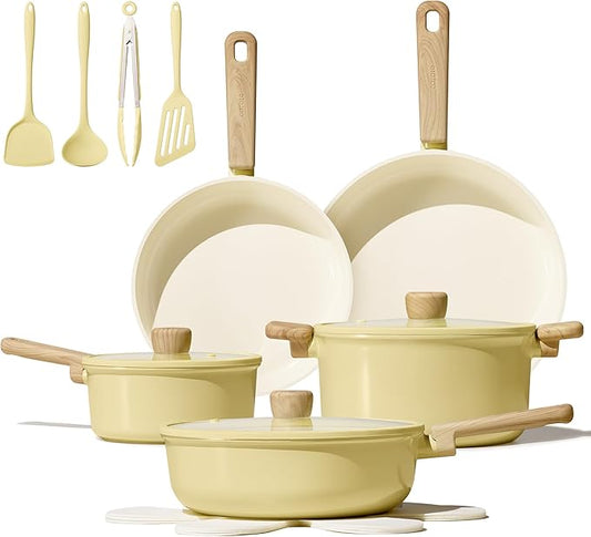 CAROTE 16pcs Ceramic Cookware Set, Pots and Pans Non Stick Kitchen Cookware Sets, Pots and Pans Set Cooking Set with Knife Set