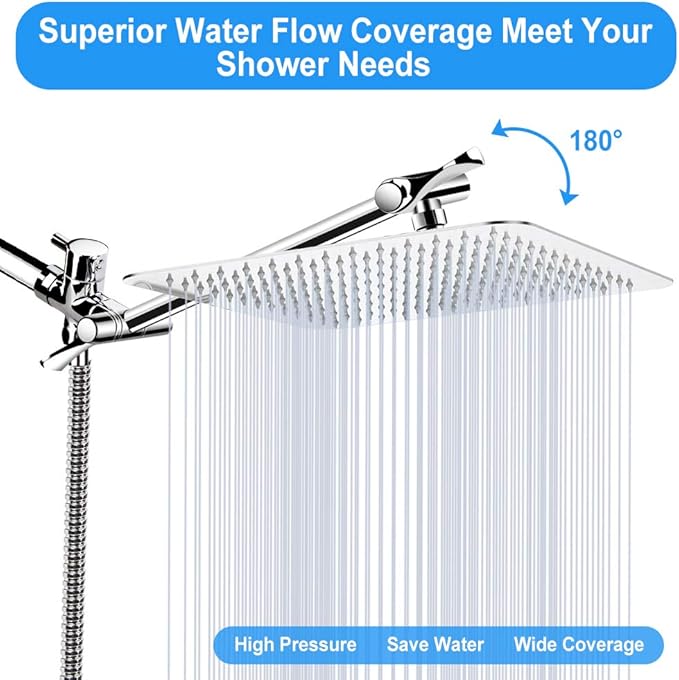 12'' Shower Head, High Pressure Rainfall Shower Head/Handheld Showerhead Combo with 11??Extension Arm, Anti-leak Shower Head with Holder/Hose, Flow Regulator - Chrome