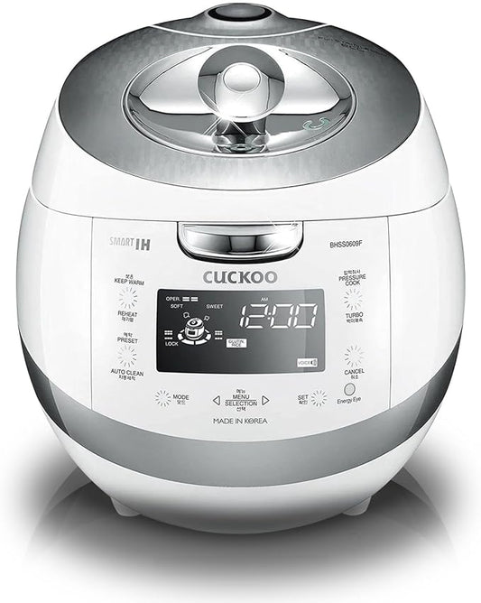 CUCKOO High Pressure Rice Cooker 6-Cup Uncooked / 12-Cup Cooked with Induction Heating Technology, Versatile Rice Maker with 16 Menu Options and Steam Plate, Voice Guide, White (CRP-BHSS0609F)