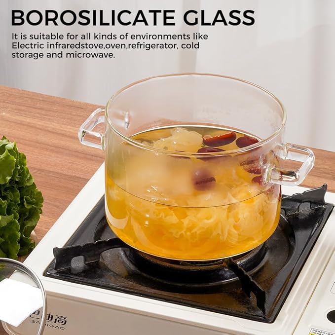 Glass Pots for Cooking on Stove, 1.8L/60 OZ Clear Simmer Pot Potpourri, Glass saucepan with Lid, Cookware for Stovetop