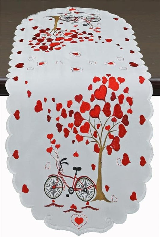 Creative Linens Embroidered Red Hearts Bike Table Runners, Tablecloths for Valentine's Day, Mother's Day, Wedding, Anniversary Decoration ( 15x34 Table Runner)