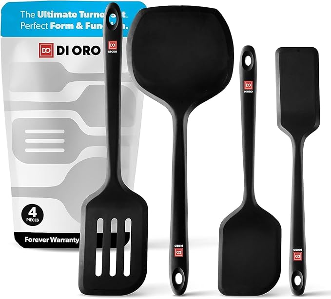 DI ORO Silicone Turner Spatula Set - Kitchen Spatulas for Nonstick Cookware - Cooking Utensils for Flipping Eggs & Pancakes - 600째F Heat-Resistant BPA Free Turners - Dishwasher Safe (4pc, Black)