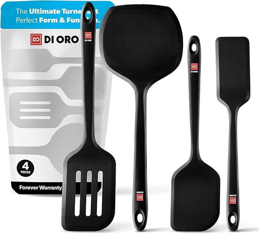 DI ORO Silicone Turner Spatula Set - Kitchen Spatulas for Nonstick Cookware - Cooking Utensils for Flipping Eggs & Pancakes - 600째F Heat-Resistant BPA Free Turners - Dishwasher Safe (4pc, Black)