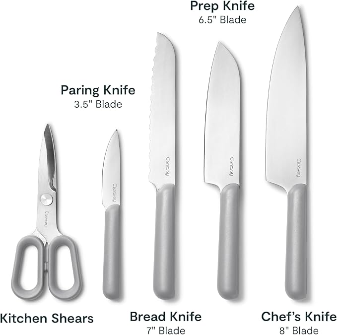 Caraway 5 Piece Knife Set - Premium German Steel Blade Kitchen Knives - Ergonomic Handles - No Microplastics - Gray