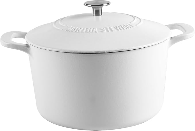 MARTHA STEWART Gatwick 7-Quart Enamel Cast Iron Dutch Oven Pot with Lid ??Matte White ??Durable Heavy-Duty Dutch Oven for Slow Cooking, Braising & Baking