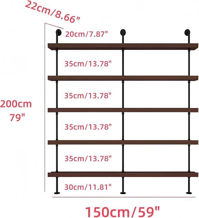 59 Inch Industrial Wall Mounted Wine Rack, 5-Tier Rustic Metal Floating Shelves, Large Capacity Wall Bar Shelves for Liquor Bottles for Home Bar & Dining Room, Walnut(Without Lights)