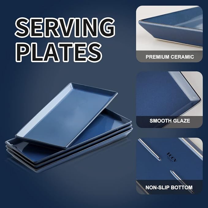 Ceramic Serving Tray, 14 Inches Large Platter, Rectangular, Porcelain Plates, Dishes for Dinner, Party, Sushi, Dessert, Food, Set of 4 (Stone Blue)