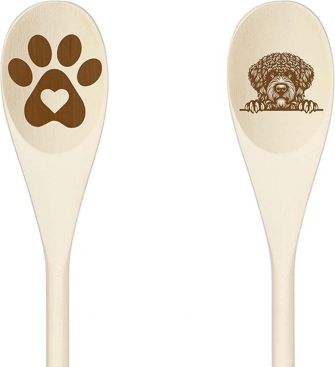 SPANISH WATER Wooden Spoons for Cooking, Serving or Decorative Kitchen Utensils Set Dog Lover Dog Mom/Dad Gift with Peeking Dog Designs, Paw Print and Dog Head, Kitchen Utensils Set of 2