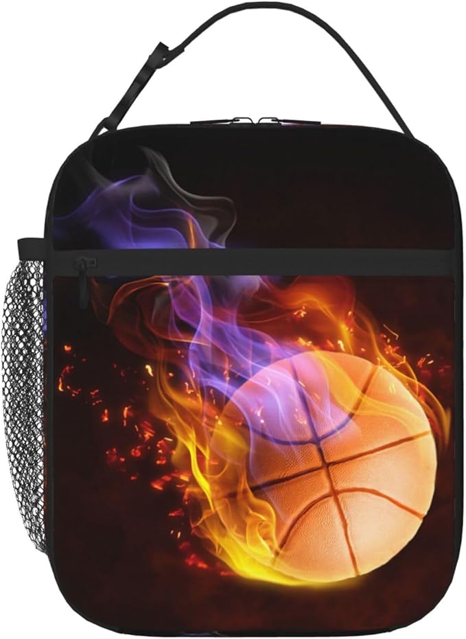 Basketball Lunch Box with Fire Pattern, Sports-themed Lunch Bag for Kids Teens Adults Boys Men, Insulated Leakproof Waterproof Reusable Lunch Bags Portable Durable Cooler Tote Bag with Mesh Pocket