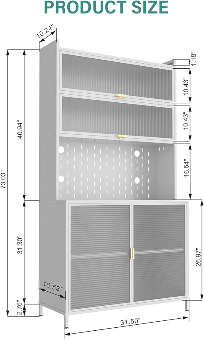 Ball & Cast 73?쿛antry Cabinet,Versatile Metal Storage Cabinet with Microwave Shelf,Pegboard Spacious, Adjustable Shelves Moden Kitchen Cabinet w/Anti-Tipping Safety for Kitchen,Dining Room,White