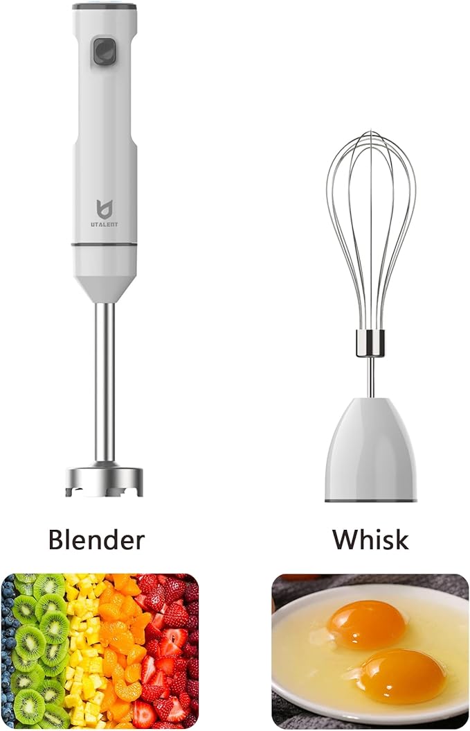 Cordless Hand Blender, UTALENT Variable Speed Immersion Blender handheld Rechargeable, with USB-C Charging Cable, Egg Whisk, for Smoothies, Milkshakes, Hummus and Soups ??White