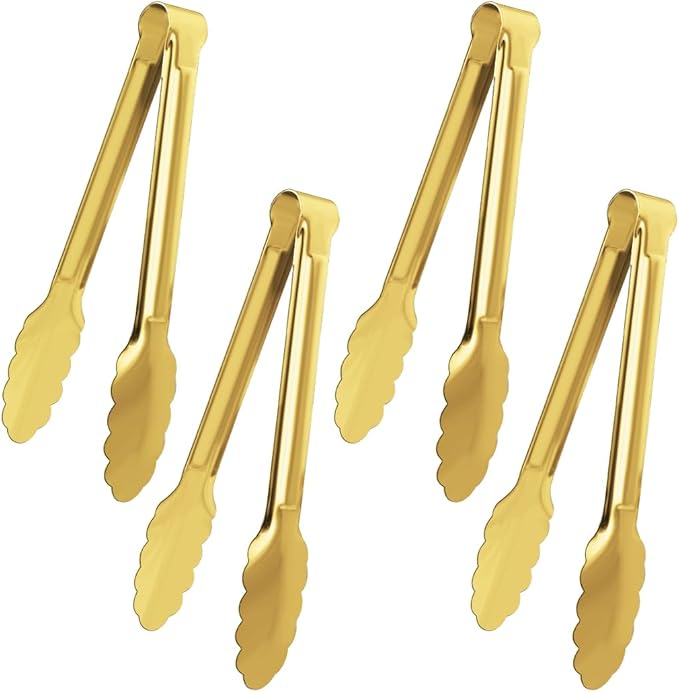 4 Pack Gold Serving Tongs XEVOM Buffet Tongs Serving Utensils Salad Tongs Stainless Steel Gold Plated Buffet Serving Tongs,9 Inch