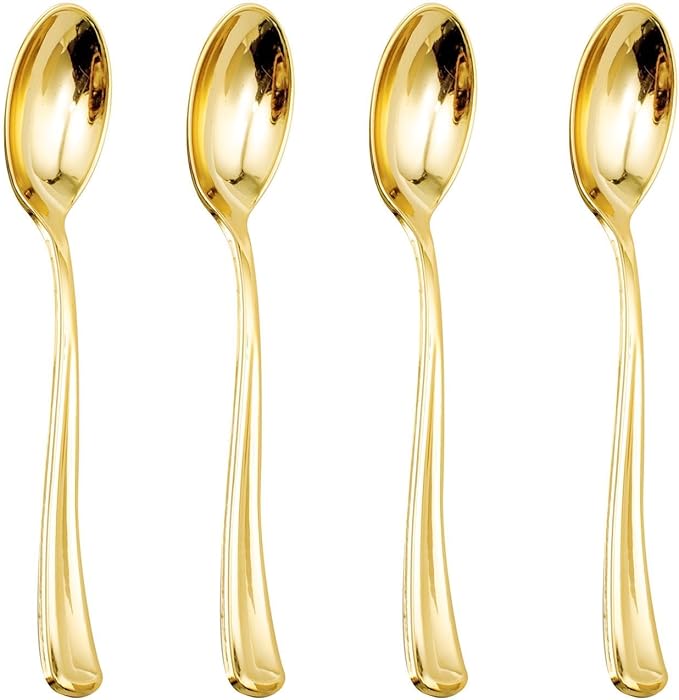 WDF 100 Pack Gold Plastic Spoons Disposable - Durable Heavy Duty 6.9 Inch Gold Spoons, Heat Resistant Modern Disposable Spoons Perfect for Parties, Wedding, Banquets, Valentine's Day