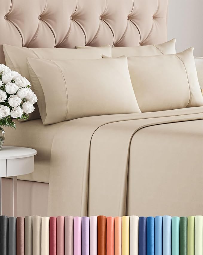 Queen Sheets Set 6 Piece - Includes 4 Pillowcases - Bed Sheets Queen Size - Soft Hotel Luxury Bedding - Cooling, Comfy, Cozy & Breathable - 1 Flat & 1 Fitted & 4 Pillowcases w/ Deep Pockets - Wheat