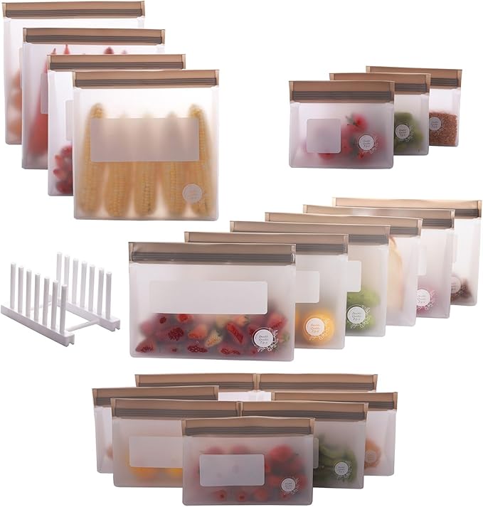 Reusable Food Storage Bags ??21-Pack Stand-Up, BPA-Free, Freezer, Dishwasher Safe & Eco-Friendly ??4 Gal, 6 L, 7 M, 3 S + Rack ??Airtight Leakproof Sandwich, Snack, and Meal Prep Bags (Grey)