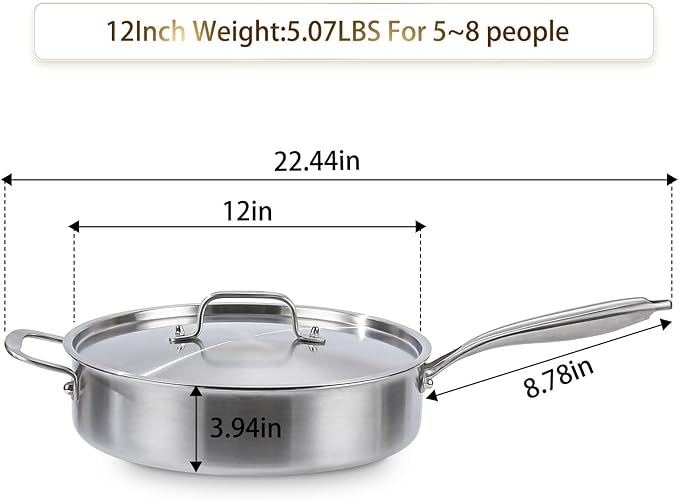 DELARLO 7QT Saute Pan Jumbo Cooker Tri-Ply Stainless Steel Pan, 12Inch Deep Frying Pan with Steel cover, Kitchen Large Skillet,Heavy Duty Style Compatible With All Cooktops Up to 650℉