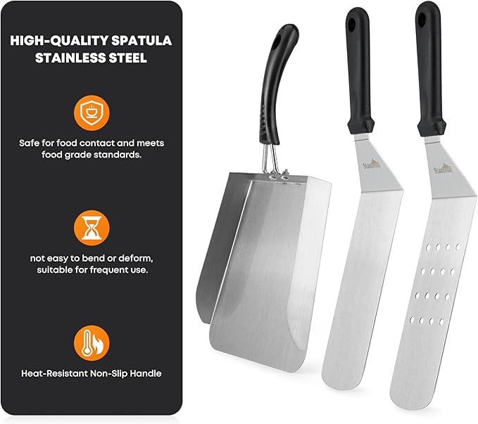 Stanbroil Stainless Steel Griddle Food Mover, 3 PCS Flat Top Grill Accessories Set for Stir Fry and Move Food