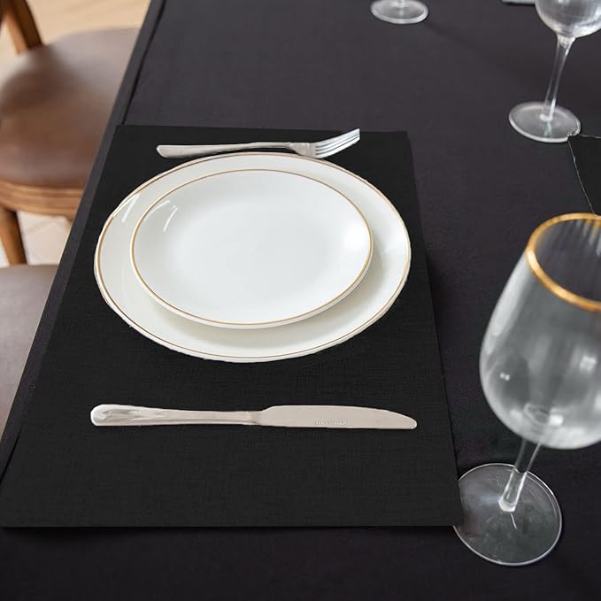 Rinpon Cloth Placemats Set of 8, Linen Type Fabric Placemats Machine Washable Heat Resistant Placemats Wrinkle Free Thick Polyester Kitchen Place Mats for Dining Table (Black)