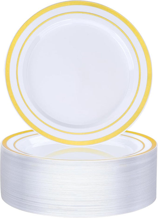 BESTVIP 50PCS 7 Inch Gold Plastic Plates, Disposable Dessert Plate with Gold Rim, Small Heavy Duty Disposable Plastic Plates for Party, Wedding and Birthday, Christmas, Thanksgiving