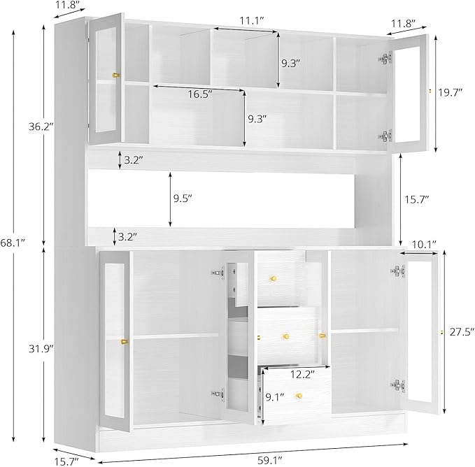 VOWNER Large Kitchen Hutch Cabinet, Kitchen Pantry Storage Cabinet with 6 Glass Doors, 3 Drawers & Microwave Shelf, Freestanding Cupboard for Open Storage (White)
