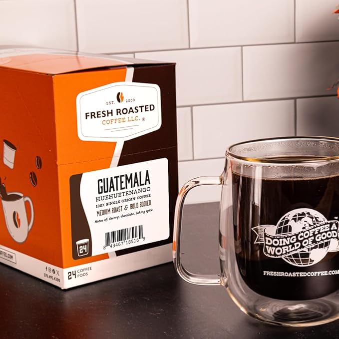 Fresh Roasted Coffee, Guatemala Huehuetenango, Medium Roast, 24 Pods for K Cup Brewers