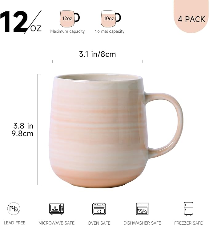 Coffee Mugs, Set of 4, Light Orange Ceramic Coffee Cups with Elegant Texture & Comfortable Handle, 12oz Stoneware Mugs - Dishwasher & Microwave Safe, Design for Home, Office, Cafe