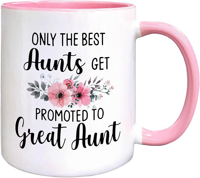 QASHWEY Great Aunt to Be Gifts Coffee Mugs Mug, Funny Pregnancy Announcement Gifts for Auntie New Great Aunt, Get Promoted to GreatAunt Double Side Printed Ceramic Mug Cup 11 Ounce(Pink)