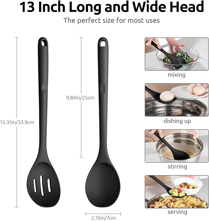 600쨘F Heat Resistant Silicone Spoons: U-Taste 13.3in Solid & Slotted Kitchen Cooking Spoon, Nonstick Long Rubber Utensil, Sturdy for Mixing, Serving, Stirring, Frying, Draining (Black, 2PCS)