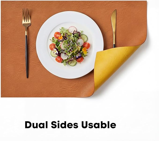 Artoid Mode Rust Faux Leather Placemats Set of 6, 12x18 Inch Waterproof Wipeable Heat Resistant Place Mats, Reversible Table Mats for Fall Kitchen Dining Decor