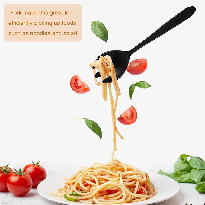 24 Pcs Disposable Plastic Serving Utensils Set 6 Each 9.7" Serving Spoons Forks 9.5" Knife and 6.3" Tongs for Christmas Family Gatherings Food Cake Birthday Party Buffet Cutlery(Black)