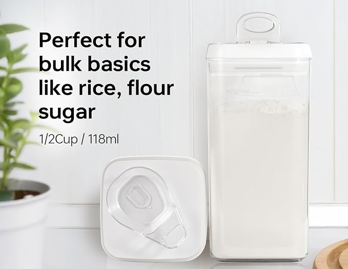 Felli Flip Tite Acrylic Food Storage Container with Lid 6??XL Air Tight Ring Seal Flip Top, Plastic Kitchen Baking Canister for 5 lb Flour Protein Powder Pantry Organizer (Nest-L, White) With Scoop