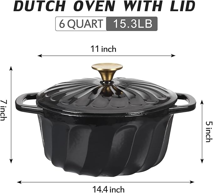 Enameled Cast Iron Dutch Oven with Lid, 6 QT Cast Iron Dutch Oven Pot, Dual Handles for Bread Baking, Cook, Bake, Oven Safe across All Cooktops (Black,6 QT)