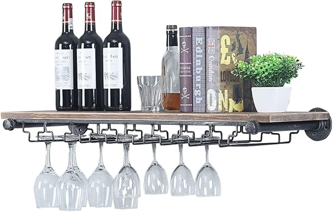 Industrial Wine Rack Wall Mounted with 5 Glass Holder,Wine Glass Rack Floating Wine Glass Shelf,36in Pipe Shelving Hanging Wood Shelves